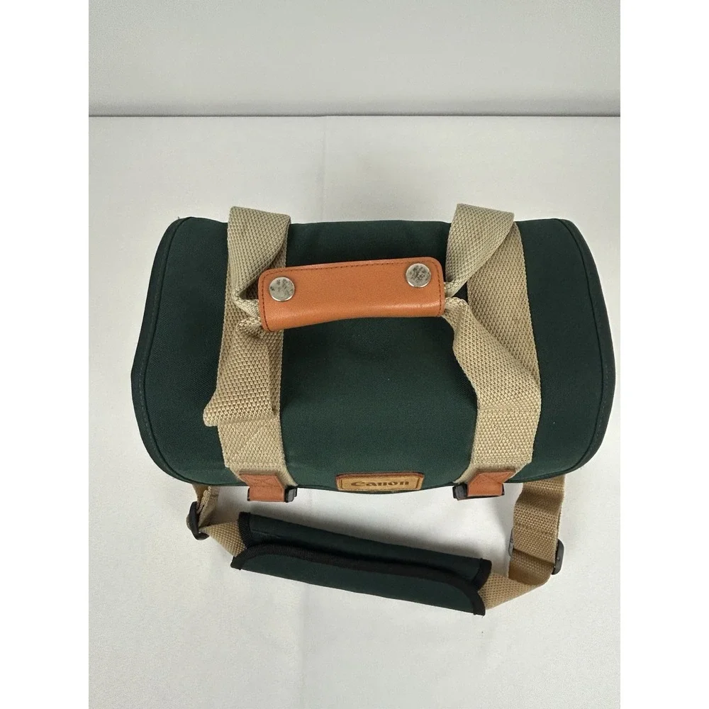 Vintage Canon Camera Bag Green Canvas Leather Trim Strap 12 x 9 x 7 Padded Case